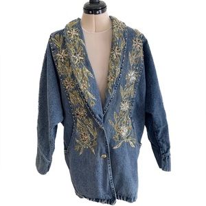 Ultra Vintage Denim Blazer Jacket Women’s XL Embroidered Beaded 90s Retro